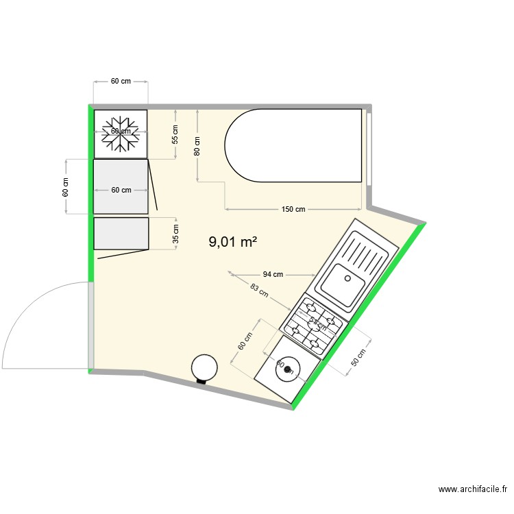Reby. Plan de 1 pièce et 9 m2