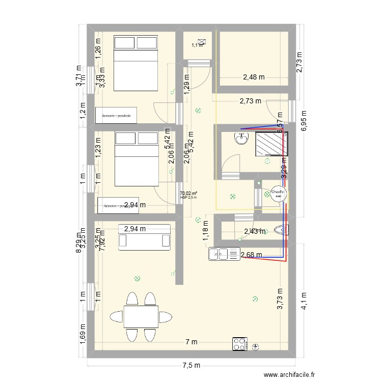 edouard 7. Plan de 3 pièces et 73 m2