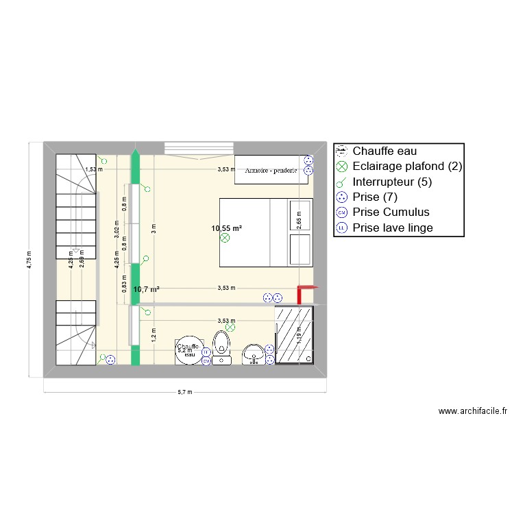 1er etage. Plan de 2 pièces et 21 m2