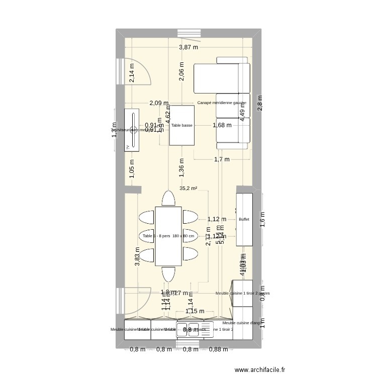 Salle. Plan de 1 pièce et 35 m2