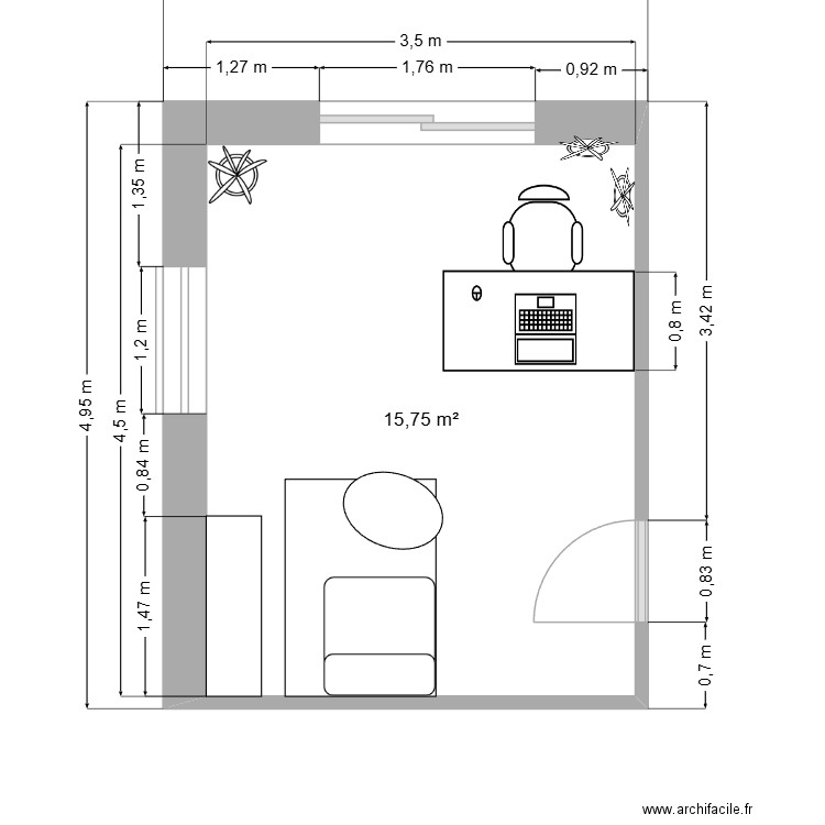 Bureau. Plan de 1 pièce et 16 m2