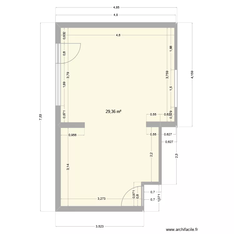 Plan salon + s&agrave;m. Plan de 1  et 29 m²