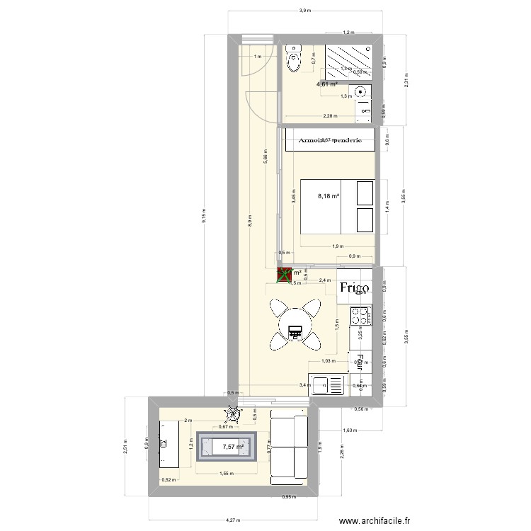 Studio transformé en T2. Plan de 4 pièces et 37 m2