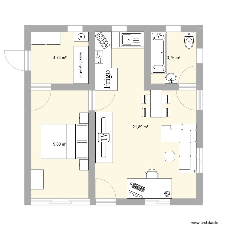 studio. Plan de 4 pièces et 40 m2