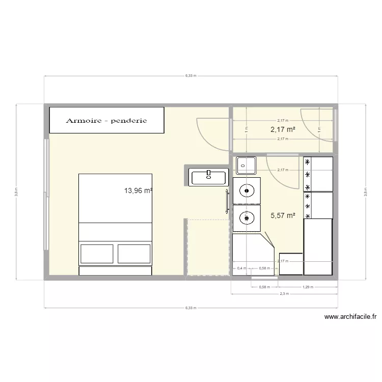 chambre+ buanderie1.6. Plan de 3 pièces et 22 m²