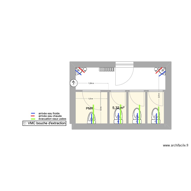 Sanitaires eau. Plan de 1 pièce et 5 m2