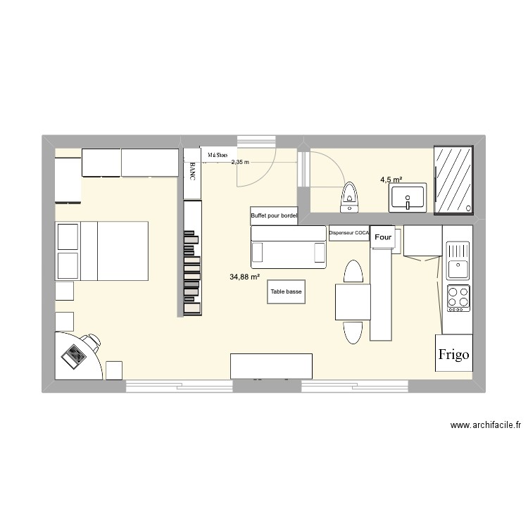prout. Plan de 2 pièces et 39 m2