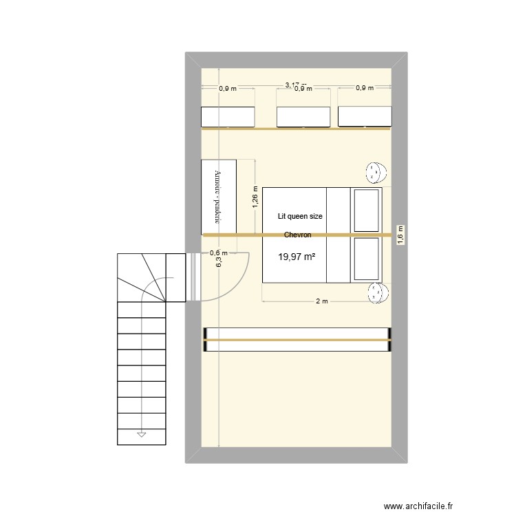 chambre parent. Plan de 1 pièce et 20 m2