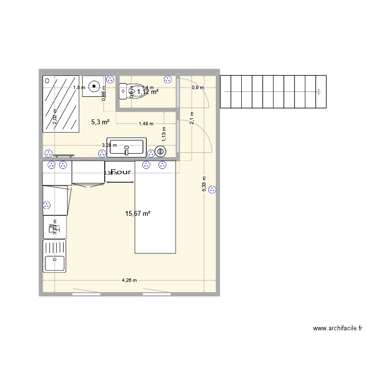 SDB Monchy. Plan de 3 pièces et 22 m2