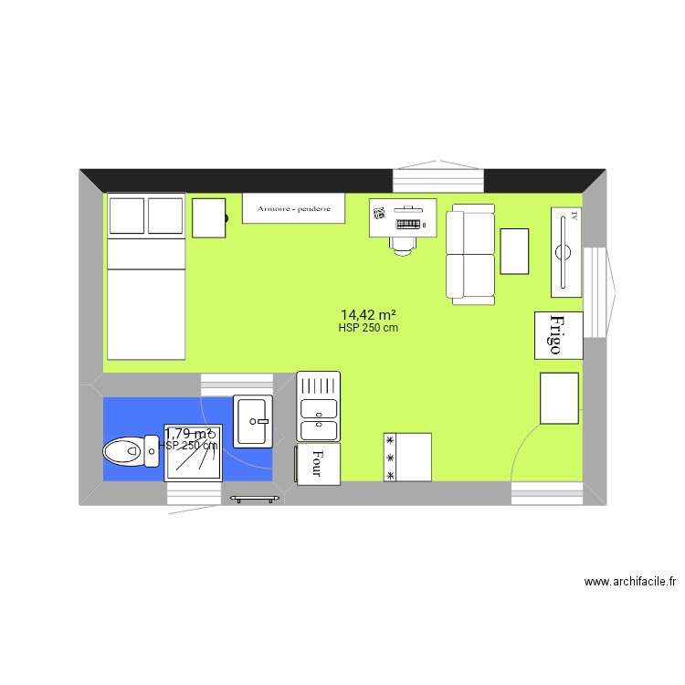 Chambre américaine 1. Plan de 2 pièces et 16 m2