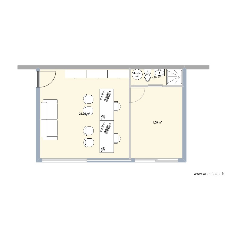 Bureau. Plan de 3 pièces et 39 m2
