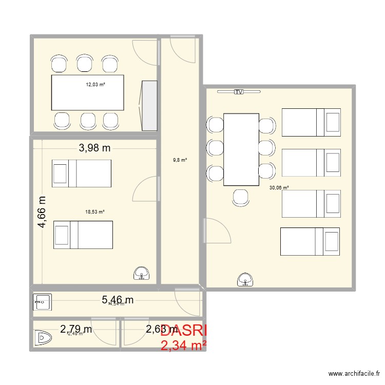 CR2. Plan de 7 pièces et 80 m2