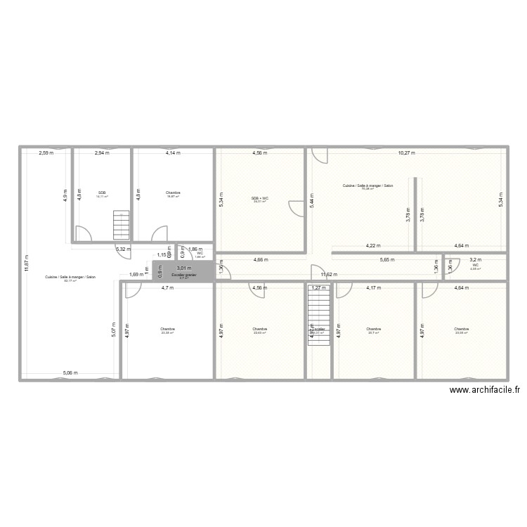 1er étage brut V1. Plan de 13 pièces et 286 m2