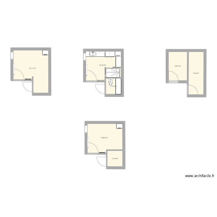 Claire salle de bain. Plan de 7 pièces et 34 m2