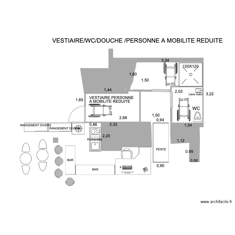 EFB VESTIAIRE TOILETTE POUR PERSONNE A MOBILITE REDUITE. Plan de 5 pièces et 5 m2