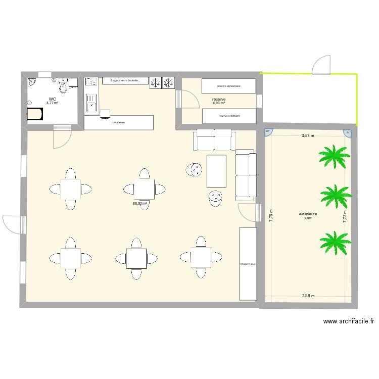 bar a jeu. Plan de 4 pièces et 130 m2