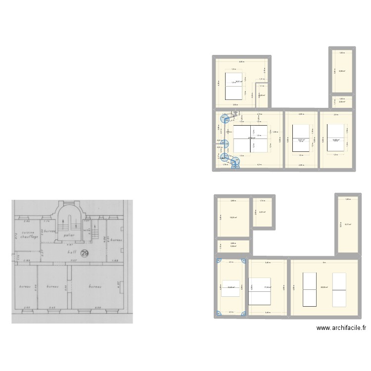 Meubles actuels. Plan de 15 pièces et 176 m2
