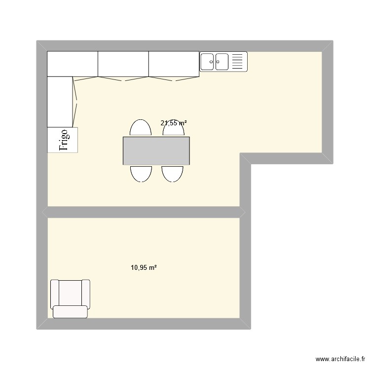 cuisine chemin des dames. Plan de 2 pièces et 33 m2