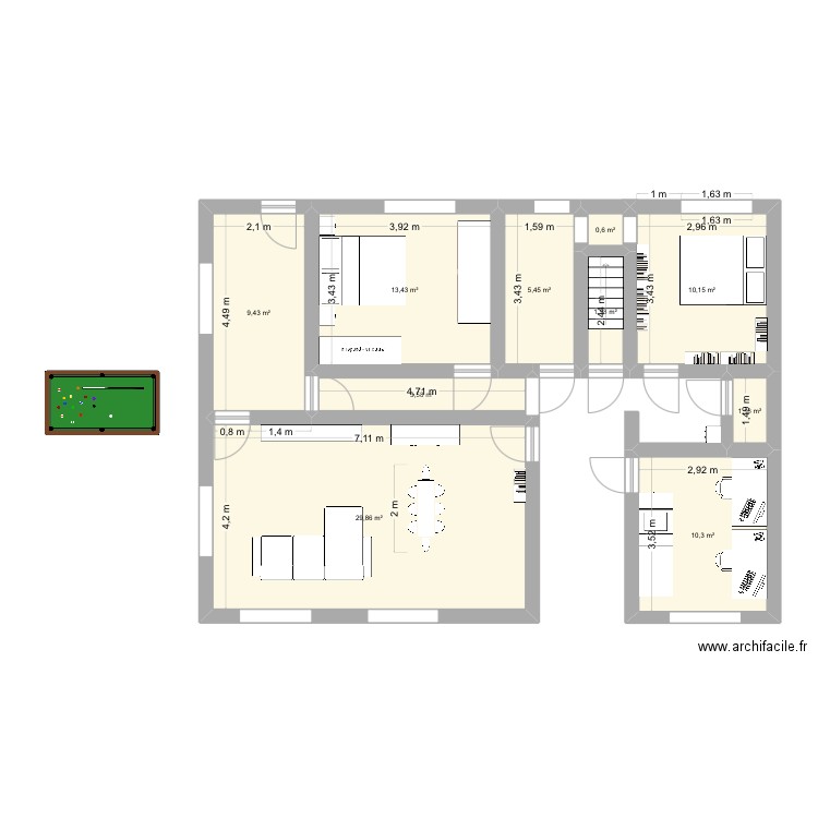 Maison aménagement meuble. Plan de 10 pièces et 86 m2