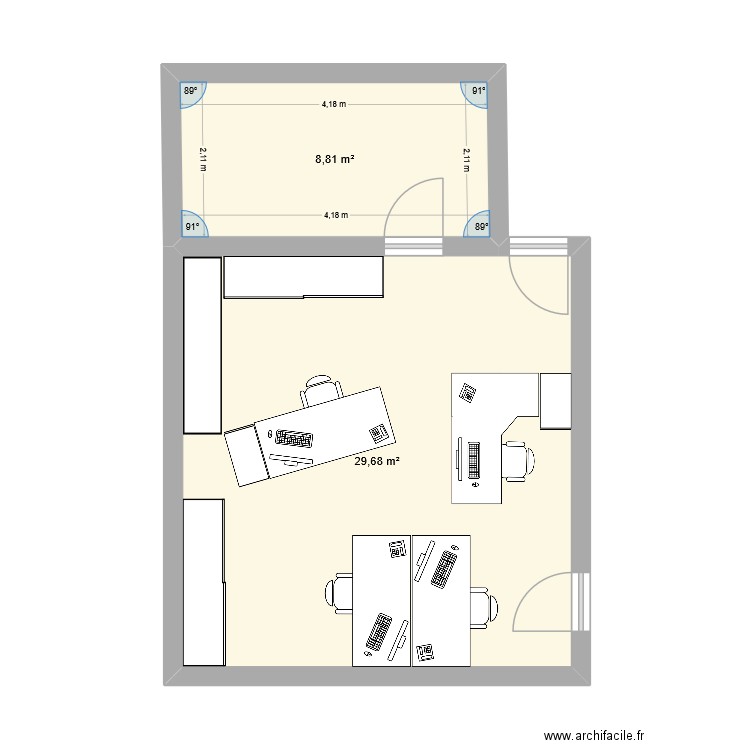 aménagement bureau RH. Plan de 2 pièces et 38 m2