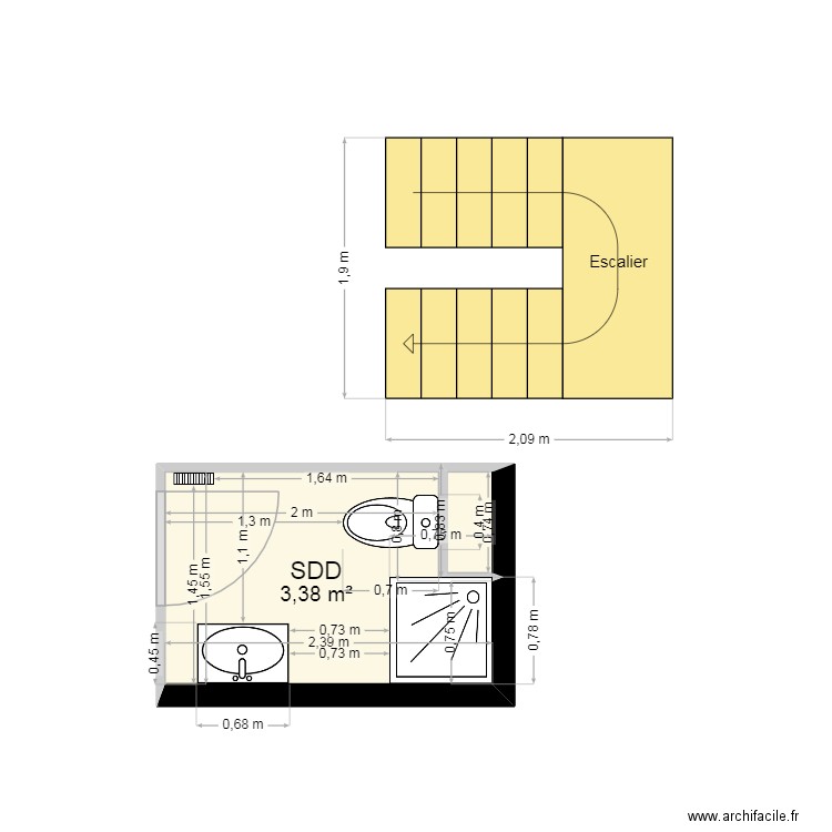 Cuisine & Terrasse. Plan de 2 pièces et 21 m2