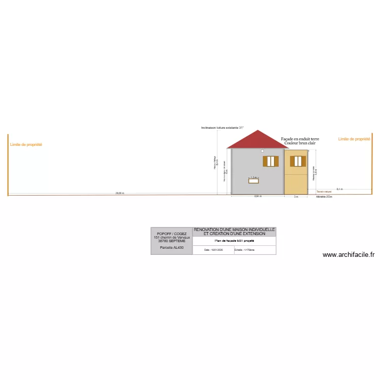 FACADE EST projet&eacute; limite propri&eacute;t&eacute;. Plan de 