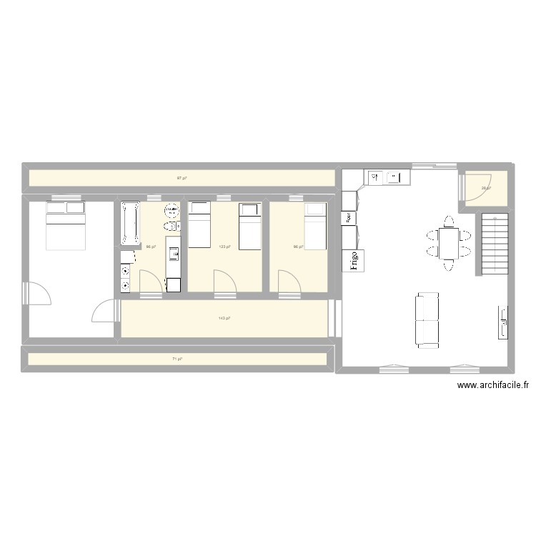 mansarde 01. Plan de 7 pièces et 61 m2