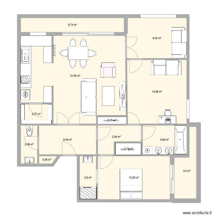 Appart Rousseau. Plan de 15 pièces et 103 m2
