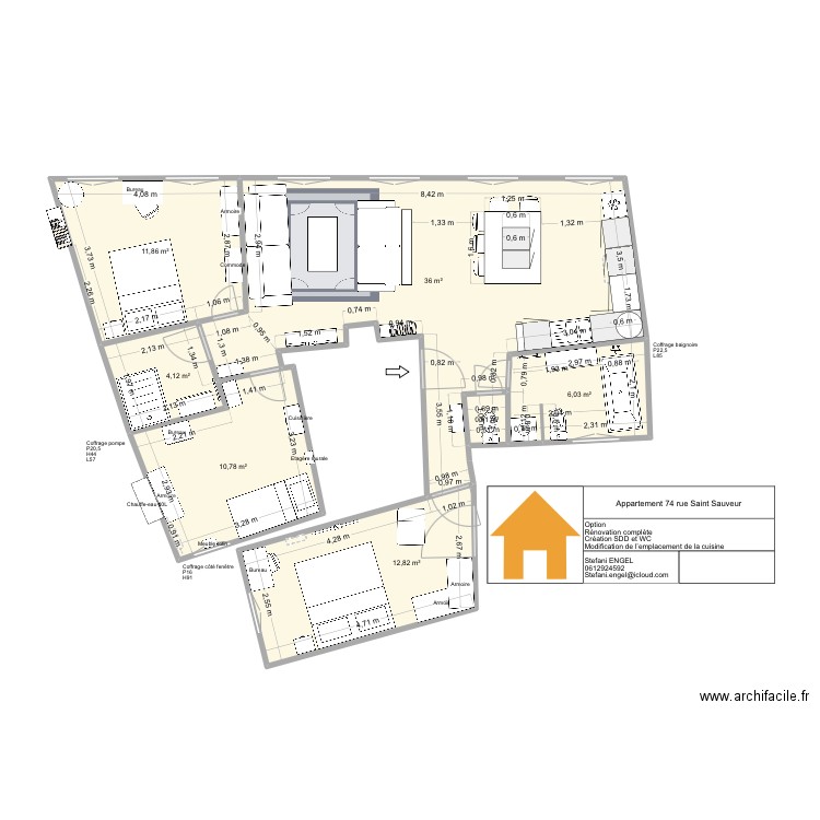 Plan après travaux. Plan de 7 pièces et 83 m2