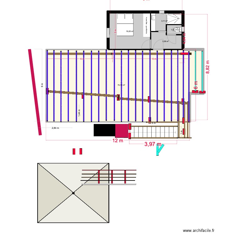 plateforme totale sans butte avec tranchées. Plan de 5 pièces et 92 m2