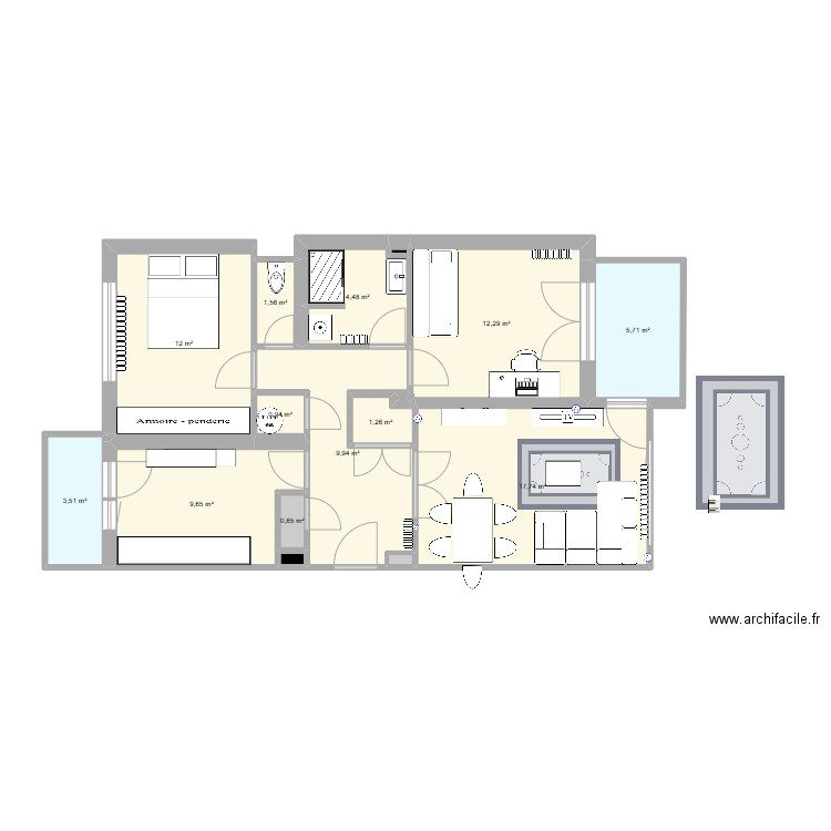 Appt Lyon 3. Plan de 16 pièces et 80 m2