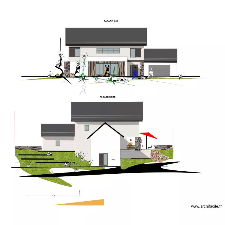FACADE BETPOUEY SUD ET NORD AVEC GARAGE REZ DE CHAUSSEE AVEC BARDAGE EN FACADE. Plan de 