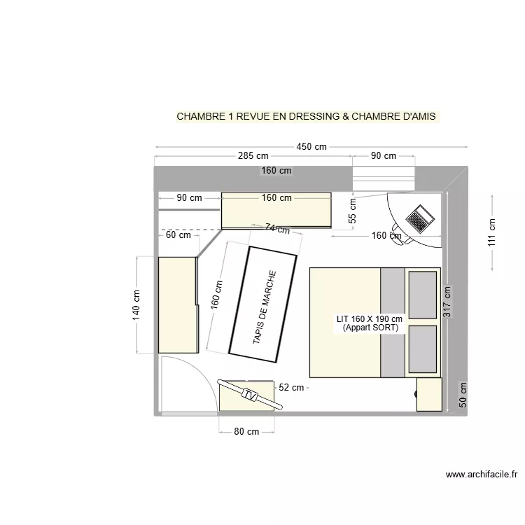 CHAMBRE 1 amenagee en  chambre d'amis et dressing REV1. Plan de 