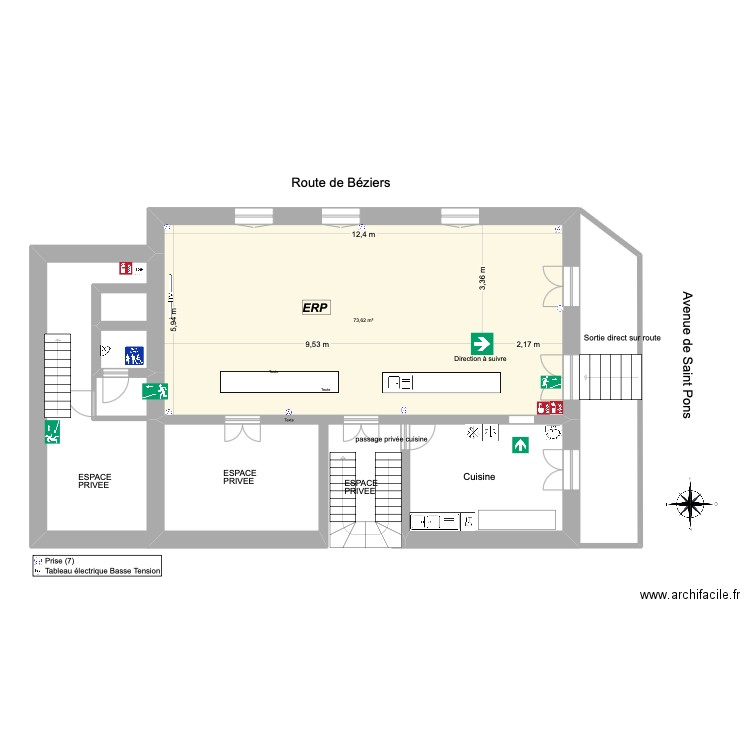 Bar. Plan de 1 pièce et 74 m2
