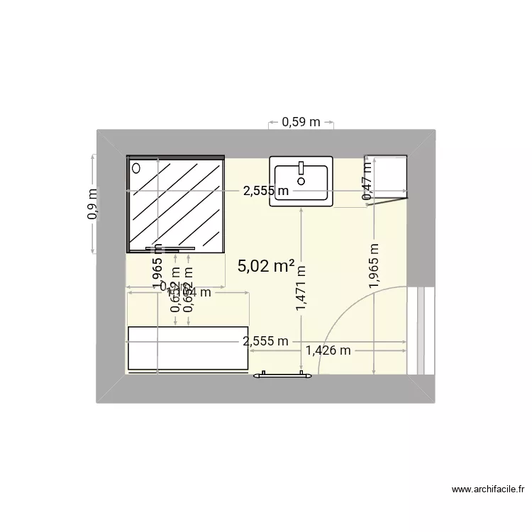 Salle de bain am&eacute;nag&eacute;. Plan de 1  et 5 m²