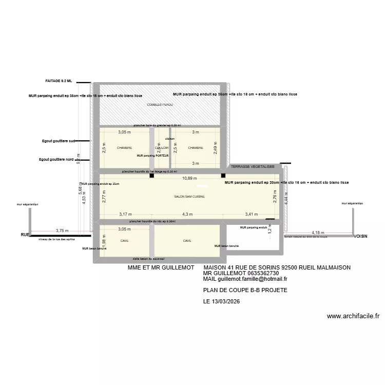SORIN PLAN DE COUPE PROJETE  B-B. Plan de 7  et 80 m²