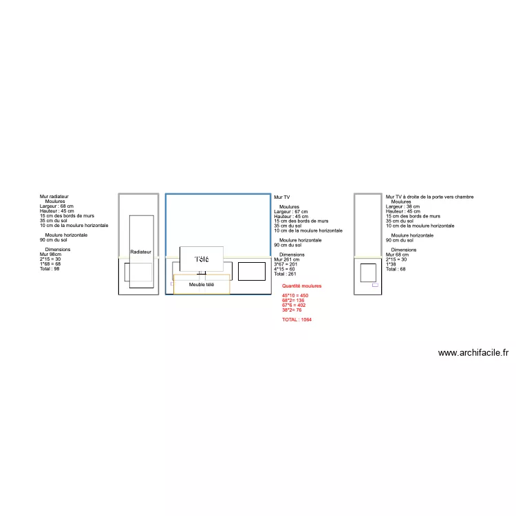 MOULURES N&deg;4 - Mod&egrave;le mur TV - Esp. 15cm. Plan de 