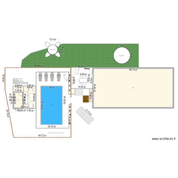 Aménagement Piscine et patio - pavillon et cabanon - patio 15x15. Plan de 7 pièces et 207 m2
