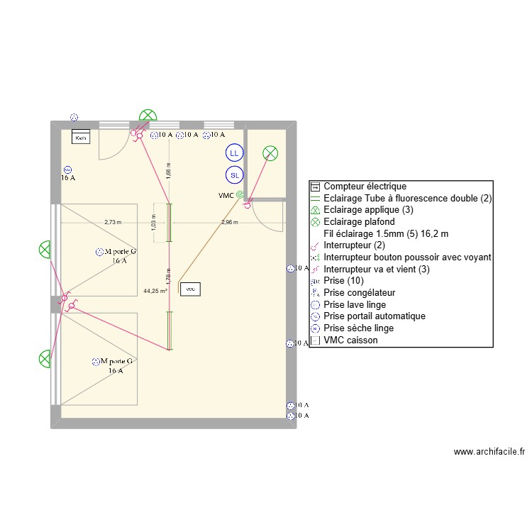 garage. Plan de 1 pièce et 44 m2