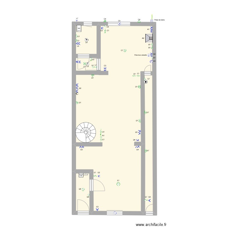 rez de chaussée. Plan de 2 pièces et 64 m2