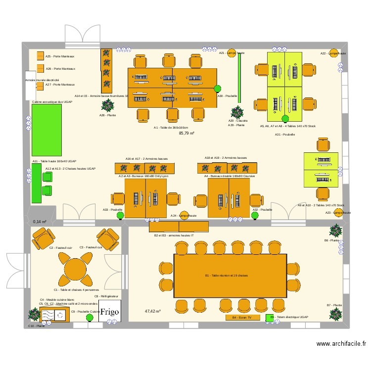 School cafeteria. Plan de 3 pièces et 133 m2