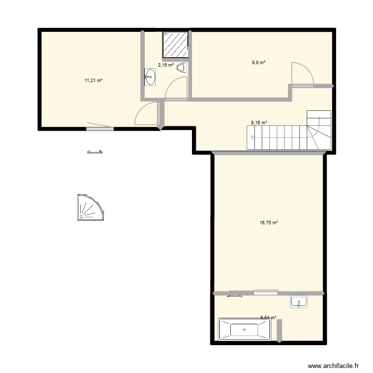 appartement wc douche en CARRE. Plan de 6 pièces et 56 m²