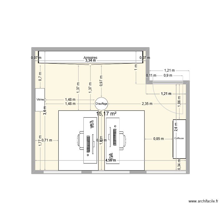 Bureau modifié. Plan de 1 pièce et 15 m2