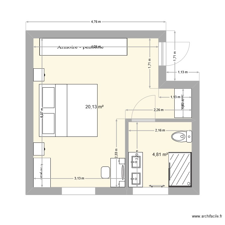 Chambre parentale. Plan de 2 pièces et 25 m2
