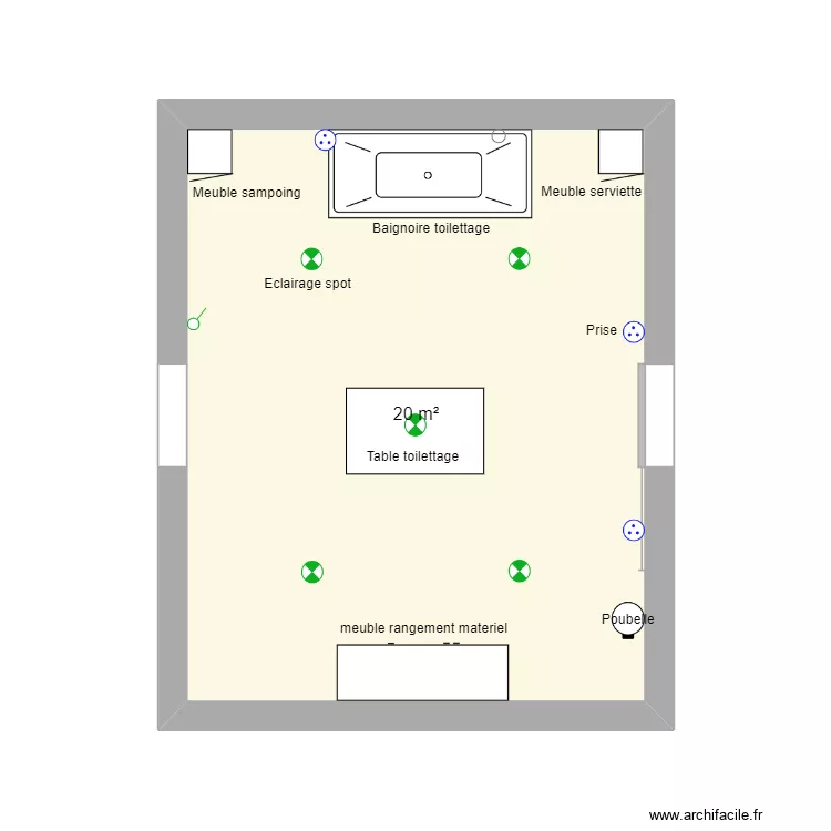 zone toilettage. Plan de 1  et 20 m²