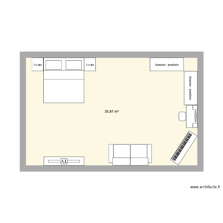 chambre. Plan de 1 pièce et 36 m2