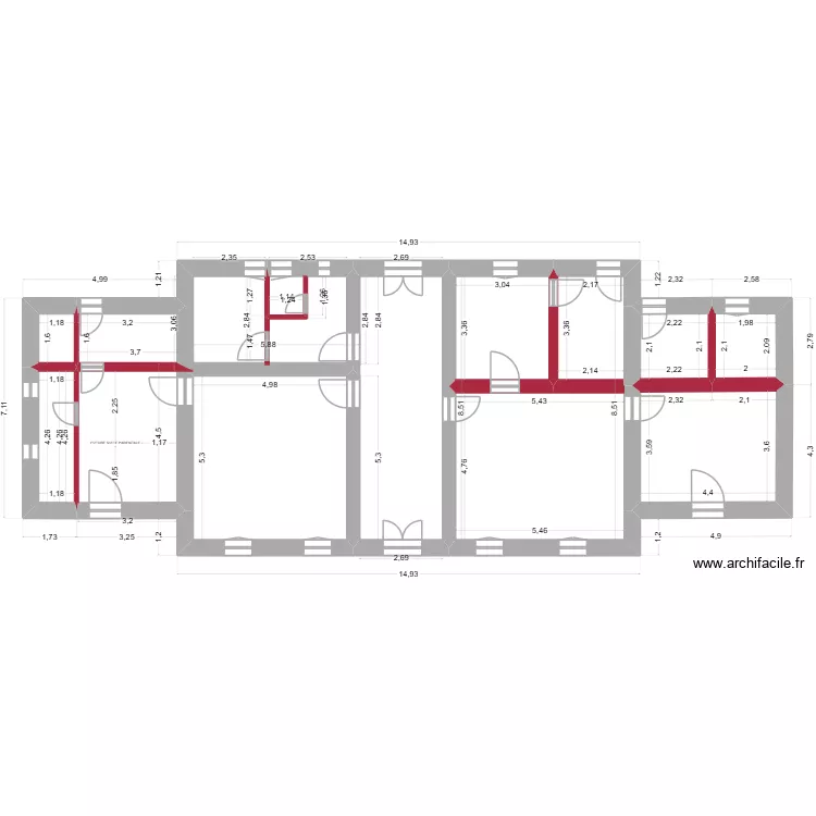 Subles 26-03-31 RDC murs supprim&eacute;s. Plan de 9  et 107 m²