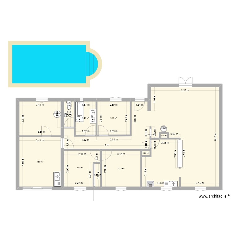 simulation1. Plan de 10 pièces et 114 m2