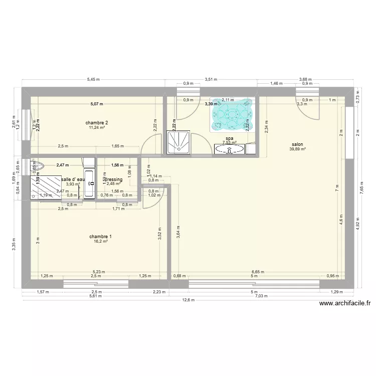 plan sans meuble rdc maison Sillans salon ch1+ch2. Plan de 