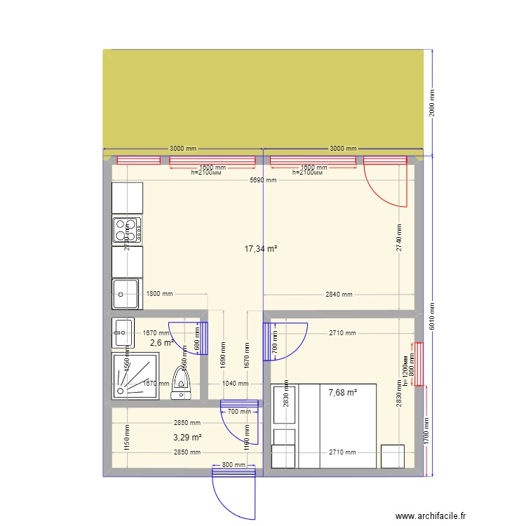  36 коломна. Plan de 5 pièces et 41 m2